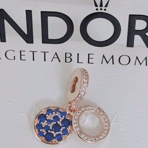 Pandora Sparkling Blue Disc Double Dangle Charm Rose Gold-Plated